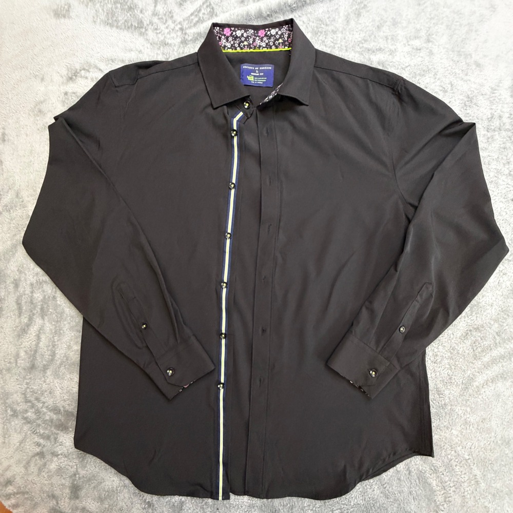 Society of Threads Mens Black‎ Stretch Floral Trim Button Down Shirt Large L